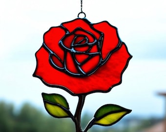 Stained Glass Red Rose Suncatcher: Handmade Floral Window Hanging