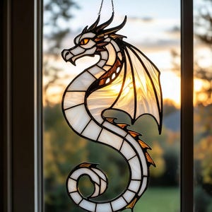 Stained Glass white Dragon Suncatcher Fantasy Window Hanging Mythical Creature Art Handmade animal Glass Decor Gift for Fantasy Lovers Gamer
