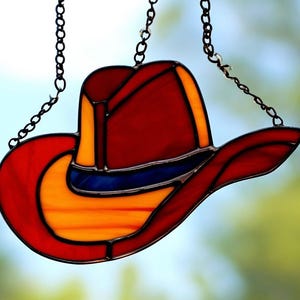 Stained Glass Cowboy Hat Suncatcher Western Window Hanging Handmade Sun Catcher Rustic Decor Country Gift Glass Art Farmhouse Sunlight Decor