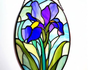 Stained Glass Iris Suncatcher: Purple Floral Window Hanging, Botanical Decor