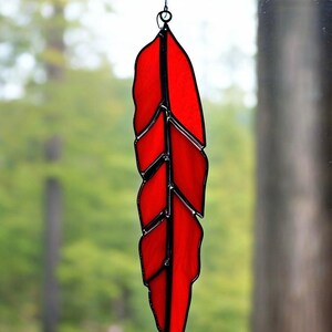 Stained Glass Feather Suncatcher: Red Boho Window Decor