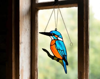 Acchiappasole in vetro colorato a forma di martin pescatore: uccello fatto a mano da appendere alla finestra