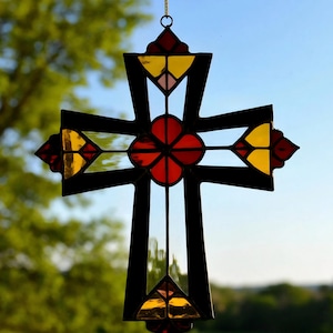 Stained Glass Geometric Cross – Modern Colorful Window Hanging, Abstract Religious Decor, Handmade Glass Art