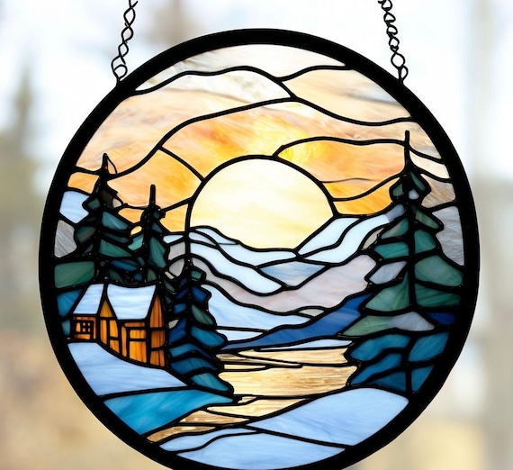 手作りステンドグラスの冬景色サンキャッチャー：雪景色の装飾 - Etsy 日本