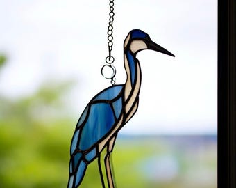 Handcrafted Stained Glass Heron Suncatcher: Colorful Bird Window Decor