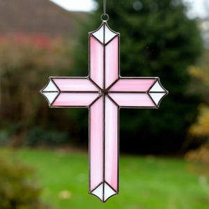 Handcrafted Stained Glass Pink Cross: Elegant Christian Home Decor