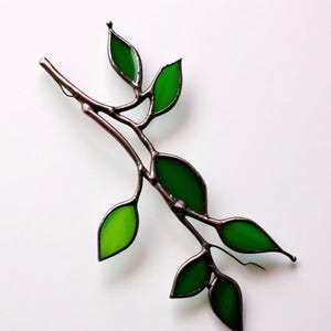 Handmade Stained Glass Branch with Leaves Suncatcher Nature-Inspired Window Decor Leafy Tree Ornament Rustic Botanical Gift, Greenery Home