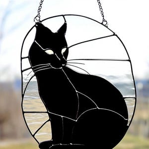 Handmade Stained Glass Cat Suncatcher: Black Silhouette Home Decor