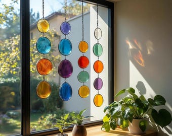 Modern Stained Glass Mobile – Art Deco Style Colorful Suncatcher, Contemporary Window Decor