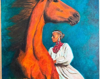 Girl and Horse Original Oil Painting, Woman with Horse Artwork, Figurative Art, Equestrian Wall Art, 50 x 60 cm