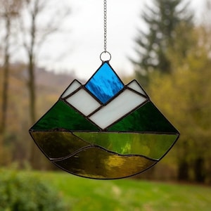 Handmade Stained Glass Mountain Suncatcher: Rustic Home Decor