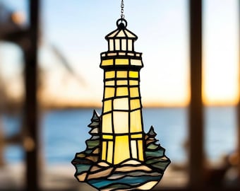 Stained Glass Lighthouse Suncatcher: Handcrafted Coastal Window Hanging