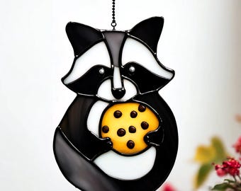Handmade Stained Glass Raccoon Suncatcher: Cookie Thief Decor