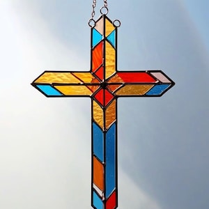 Stained Glass Cross Suncatcher: Handcrafted Religious Home Decor