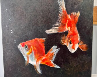 Goldfish Original Oil Painting, Japanese Inspired Wall Art, Symbolic Fish Artwork, Contemporary Still Life, Serene Home Decor