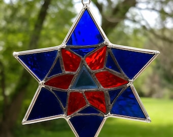 Acchiappasole a forma di stella di David in vetro colorato: ornamento per finestra fatto a mano con motivi ebraici