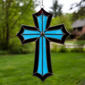Stained Glass Geometric Cross – Modern Colorful Window Hanging, Abstract Religious Decor, Handmade Glass Art