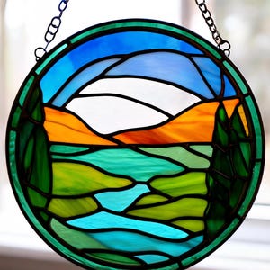 Stained Glass Landscape Suncatcher: River, Mountain, Forest Scene