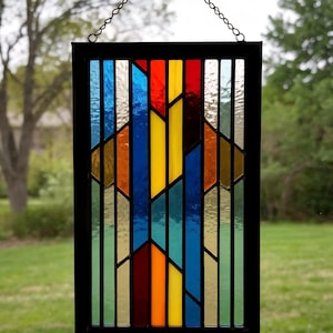 Stained Glass Striped Panel – Colorful Rectangle Window Hanging, Modern Geometric Home Decor