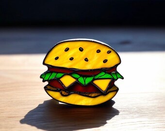ハンバーガーのステンドグラスサンキャッチャー、レトロなダイナー風