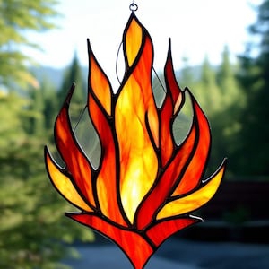 Handmade Stained Glass Fire Colorful Flame Suncatcher Vibrant Home Decor Unique Window Hanging, Modern Glass Art Perfect Gift for Fire lover