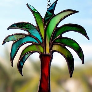 Stained Glass Palm Tree Suncatcher: Handmade Tropical Window Decor