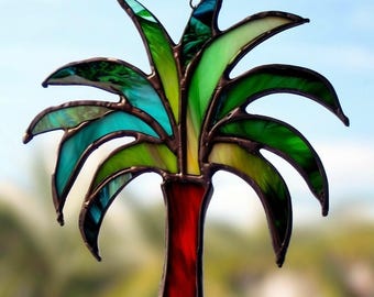 Stained Glass Palm Tree Suncatcher: Handmade Tropical Window Decor