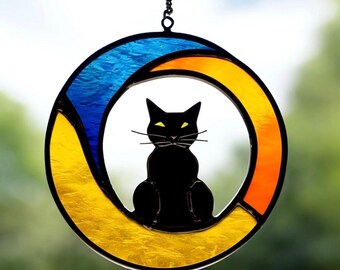 Stained Glass Cat Suncatcher: Handcrafted Moon Window Decor