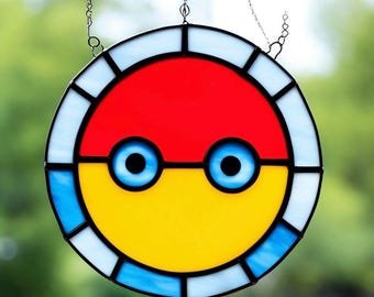 Stained Glass Poké Ball Suncatcher, Handmade Gamer Decor