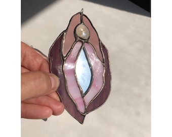 Stained Glass Yoni Suncatcher: Handmade Abstract Vulva Mirror Ornament