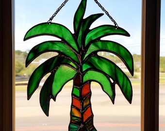 Stained Glass Palm Tree Suncatcher: Handmade Tropical Window Decor