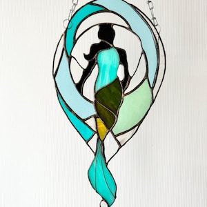 Stunning Stained Glass Mermaid with Flowing Tail and Ocean-Inspired Colors suncatcher Handcrafted Art for Nautical Home Decor or Unique Gift