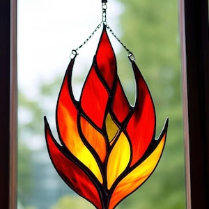 Handmade Stained Glass Fire Flame Suncatcher Passionate Red Orange Yellow Glass Art Romantic Anniversary Gift Fiery Love Flame Window Decor