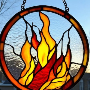 Handmade Stained Glass Fire Colorful Flame Suncatcher Vibrant Home Decor Unique Window Hanging, Modern Glass Art Perfect Gift bonFire lover