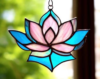 Handcrafted Stained Glass Lotus Flower Suncatcher: Boho Window Decor