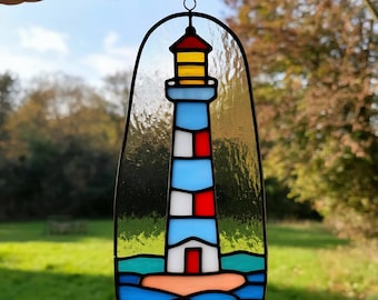 Stained Glass Lighthouse Suncatcher: Handmade Nautical Window Decor