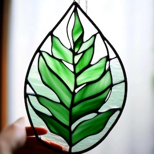 Stained Glass Fern Leaf Suncatcher florest Botanical Green Window hanging Decor Nature Inspired garden green Handmade Gift for Plant Lovers