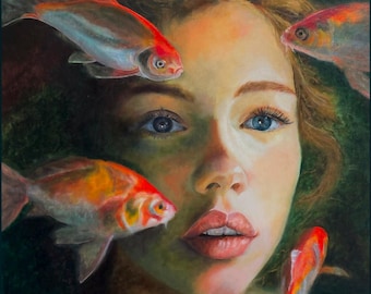 Original Oil Painting – Girl with Fish | Figurative Art | Surrealist Fish Portrait | Unique Wall Art
