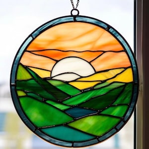 Stained Glass Mountain Sunset: Handcrafted Nature-Inspired Home Decor