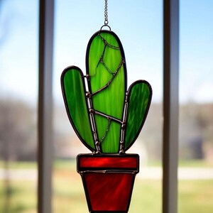 Stained Glass Cactus Suncatcher: Handcrafted Window Decor