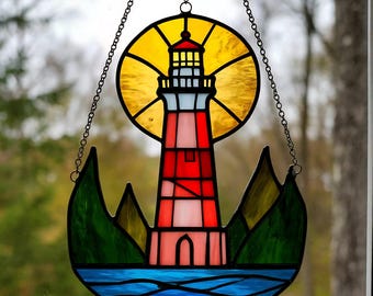 Stained Glass Lighthouse Suncatcher: Handmade Nautical Window Decor