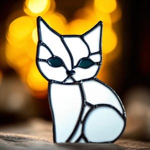 Handmade White Stained Glass Cat Suncatcher: Home Decor Gift