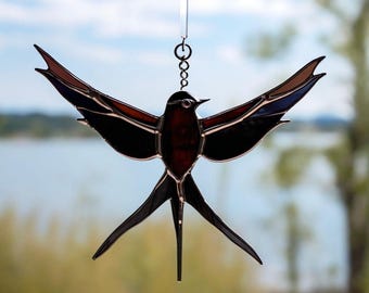 Handmade Stained Glass Swallow Suncatcher: Whimsical Window Art