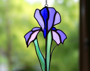 Stained Glass Iris Suncatcher: Purple Floral Window Hanging, Botanical Decor