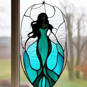 Stunning Stained Glass Mermaid with Flowing Tail and Ocean-Inspired Colors suncatcher Handcrafted Art for Nautical Home Decor or Unique Gift
