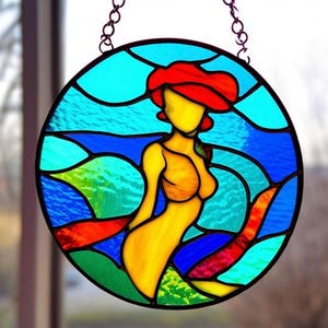 Stunning Stained Glass Mermaid with Flowing Tail and Ocean-Inspired Colors suncatcher Handcrafted Art for Nautical Home Decor or Unique Gift