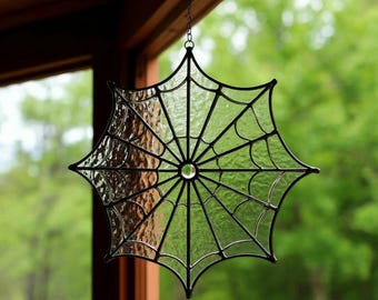 Handcrafted Stained Glass Spider Web corner Suncatcher: Halloween Window Decor