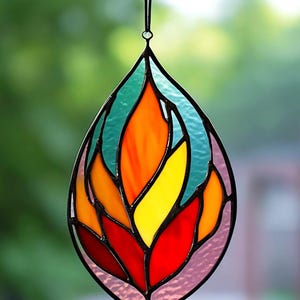 Handcrafted Stained Glass Flame Fiery Art Glass Suncatcher Passionate Souls Symbol of Energy Transformation Inner Light Unique Fire Decor