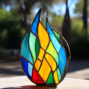 Handmade Stained Glass Fire Colorful Flame Suncatcher Vibrant Home Decor Unique Window Hanging, Modern Glass Art Perfect Gift for Fire lover
