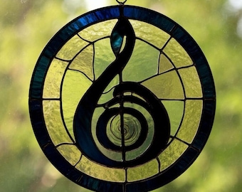 Music Note Stained Glass Window Panel, Glass Treble Clef, Fused